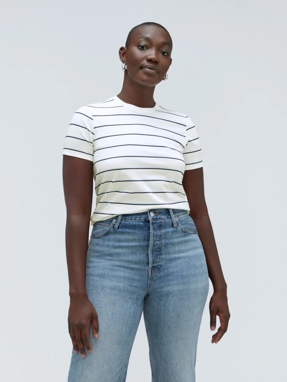 Everlane The Organic Cotton Crew Tee Navy White Size M NWOT Striped